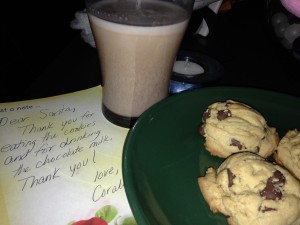 Coraline dictated a letter to Santa. She also decided on the menu of chocolate chip cookies, which she helped make, and chocolate milk, because surely Santa would prefer chocolate over white milk.