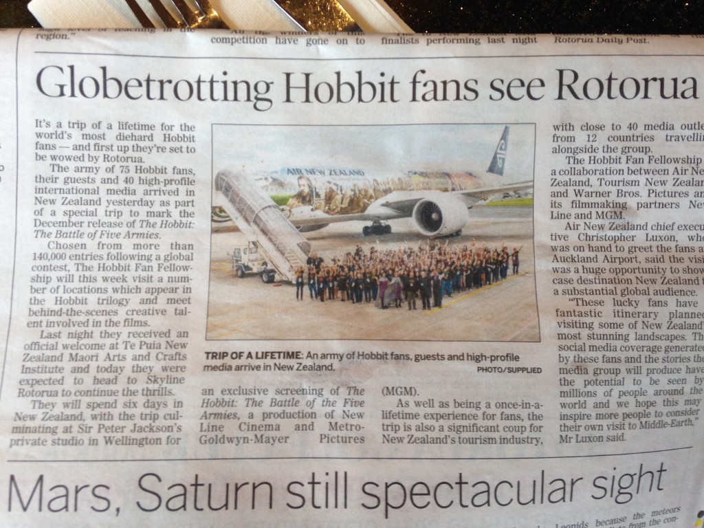 We were featured in the local paper in Rotorua using the plane photo op. Nan and I are somewhere on the right toward the back.